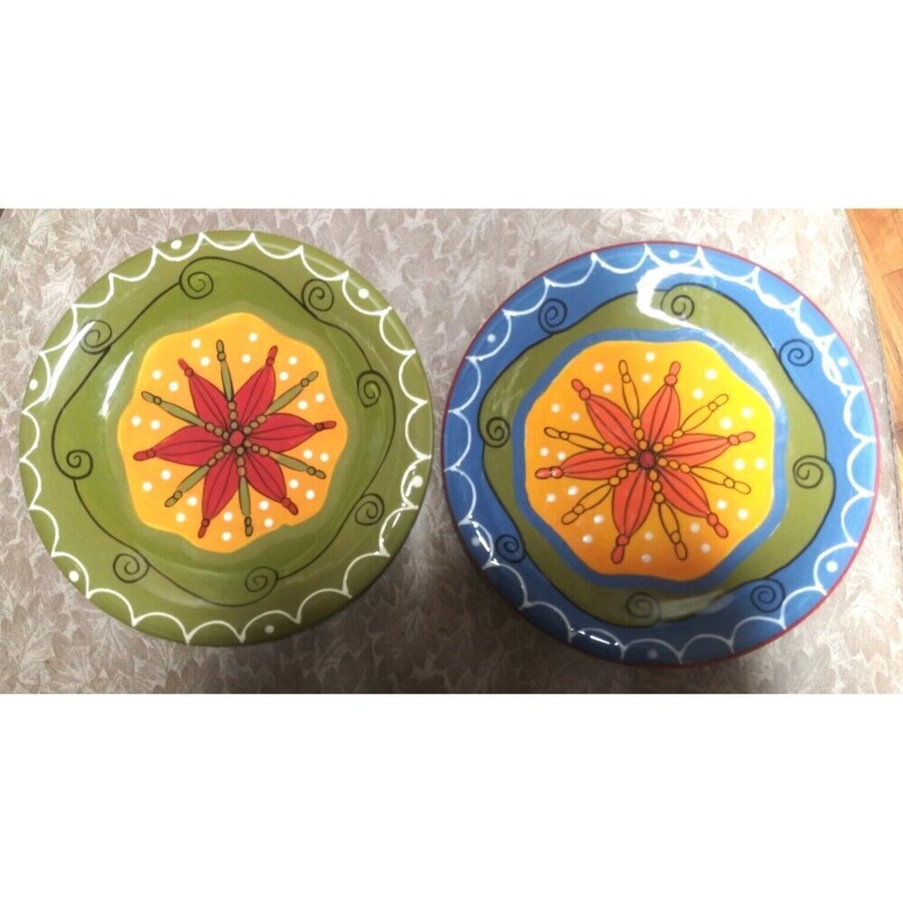 Pier 1 Salad plates (2) Hand-Painted Star/Flower Ironstone 8" CHUNKY colorful